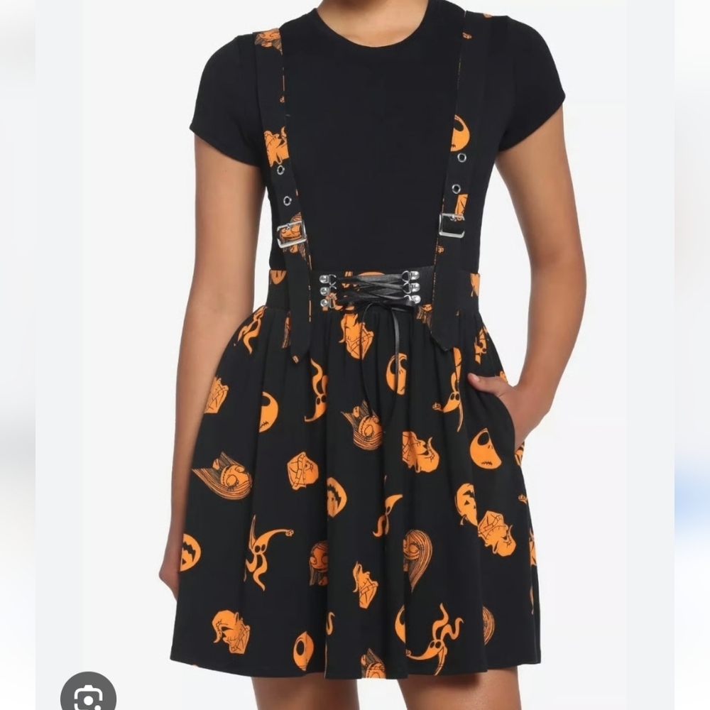 Disney Black A-Line Suspender Skirt with Orange Print